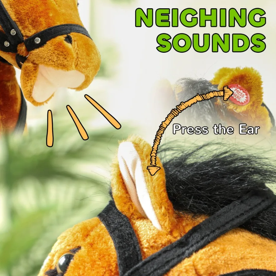 Qaba Spring Rocking Horse Ride on Horse Plüsch-Rideon mit Geräuschen, Fußsteigbügel, Sattel für 38 Jahre, Braun