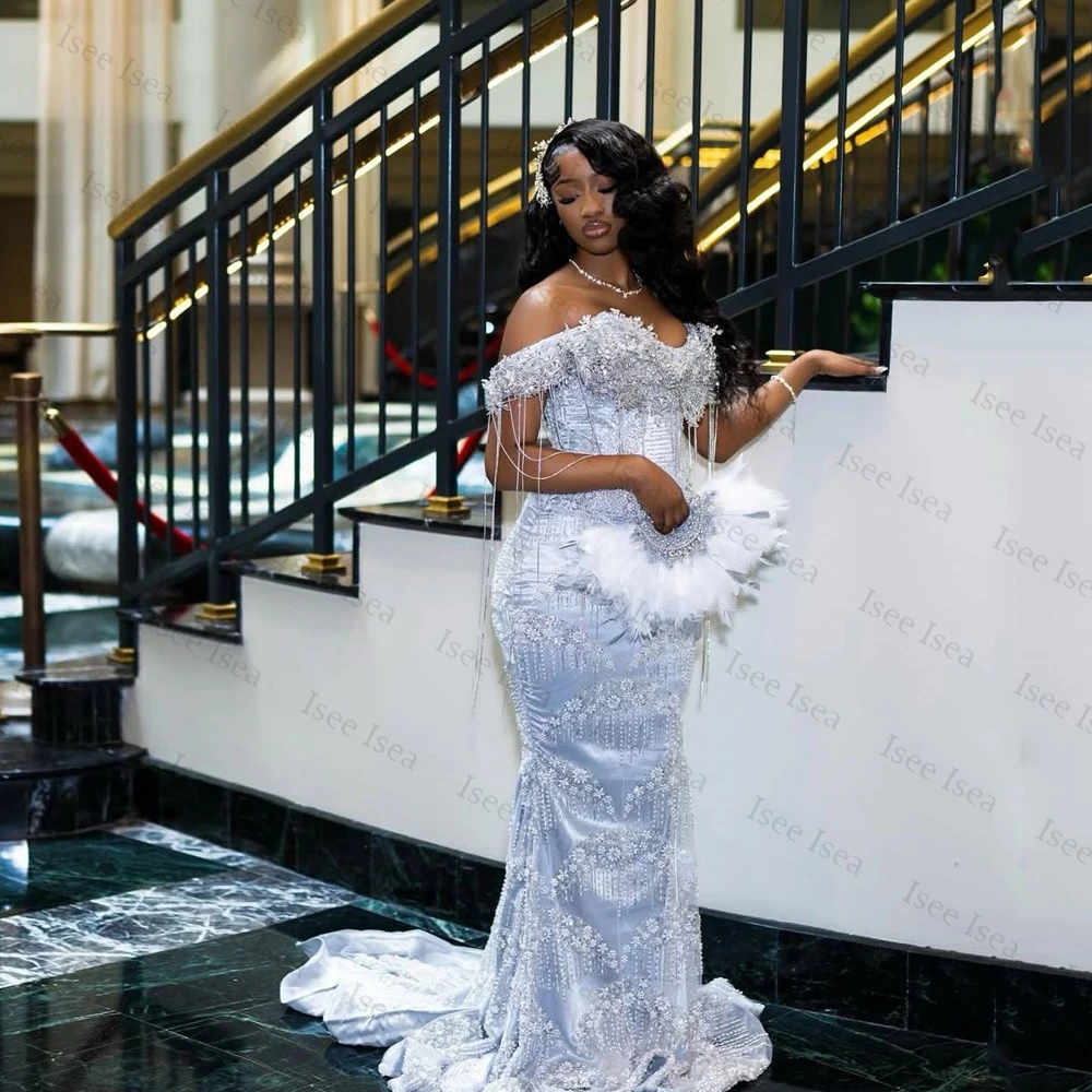 

Sparkling Diamond Prom Dresses for Black Girl Off Shoulder Mermaid Evening Party Gowns Customized Sleeveless vestidos de festa