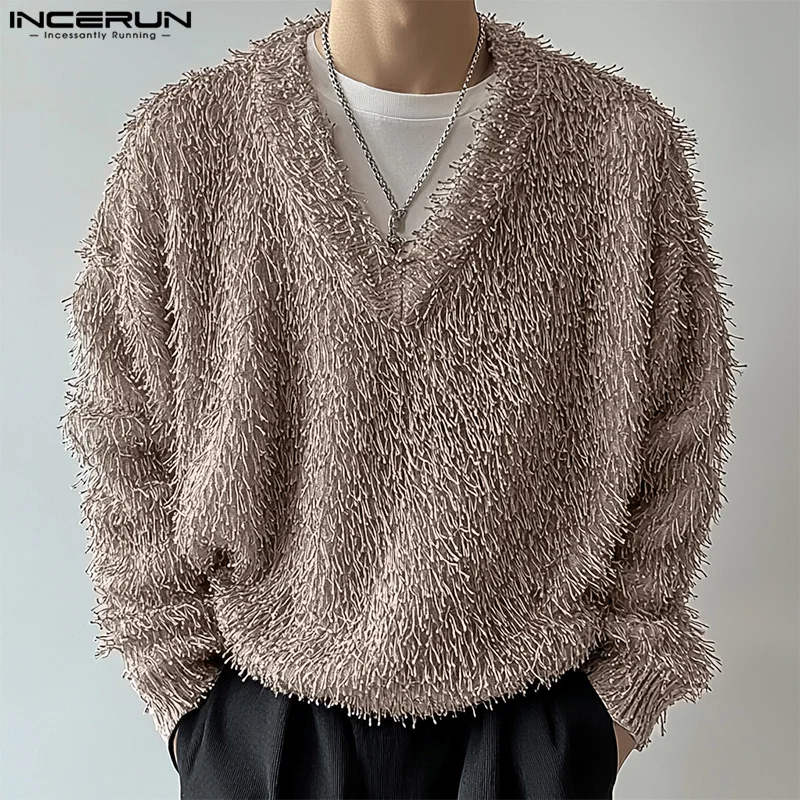 Fashion Casual Style Tops INCERUN Handsome Men Solid Plush Texture Design Sweaters Streetwear Male V-neck Long Sleeved Pullovers