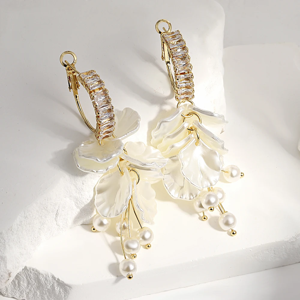 AENSOA White Tassel Shell Petal Flower Pearl Beaded Hoops Earring for Women Girl Elegant Wedding Bridal Floral Earring Jewelry