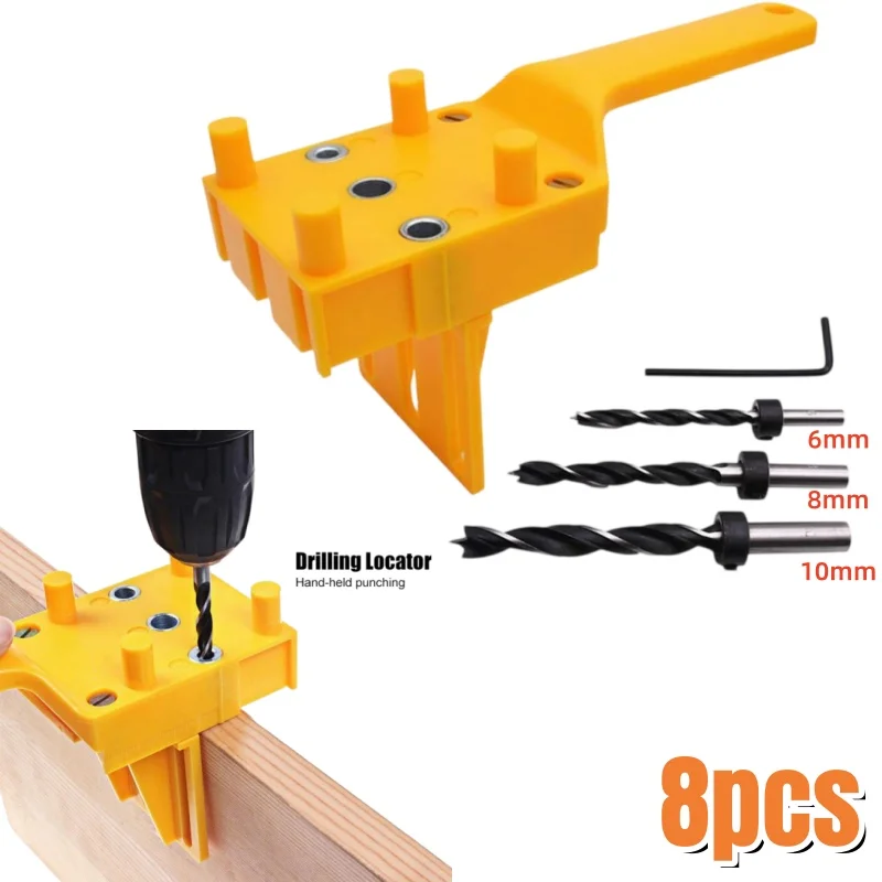 8pcs Handheld Dowel Jig Kit with Plastic Quick Wood Doweling Jig Handheld Pocket Hole Jig System 6/8/10mm Drill Bit Hole Puncher
