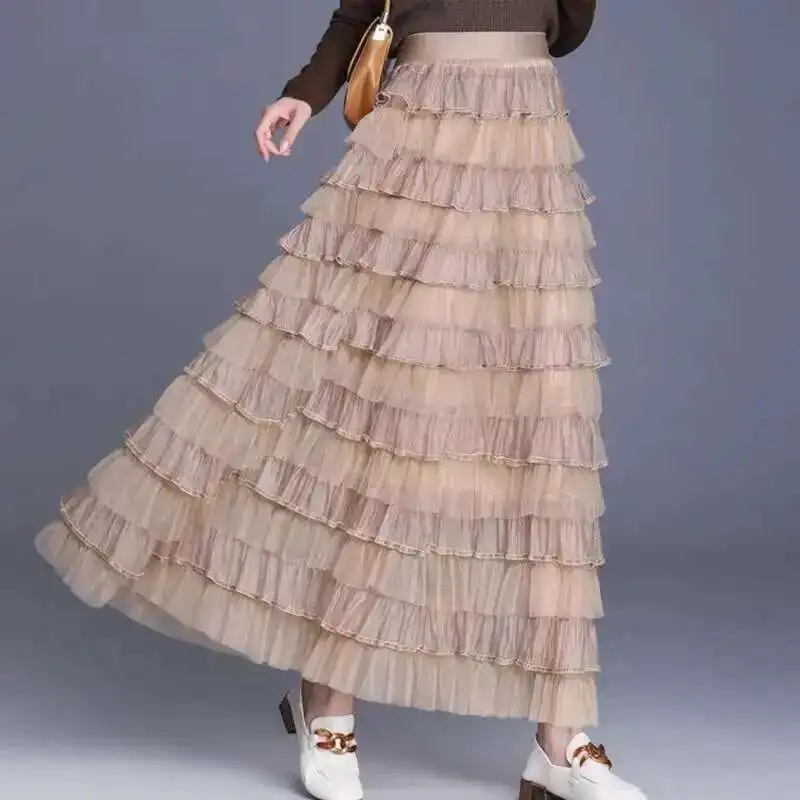 # 1611, черная, фиолетовая, хаки, коричневая, с высокой талией, женская юбка-тортик с разрезом, с оборками, сетчатая винтажная офисная юбка, женская юбка до щиколотки # 1611, черная, фиолетовая, хаки, коричневая, с высокой талией, женская юбка-тортик с разрезом, с оборками, сетчатая винтажная офисная юбка, женская юбка до щиколотки