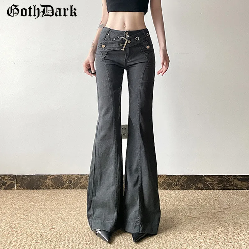 Goth Dark Cyber Y2K Zip Full Length Denim Trousers 90s Vintage Women Belt Low Waist Flare Pants Grunge Streetwear Slim Jeans Alt