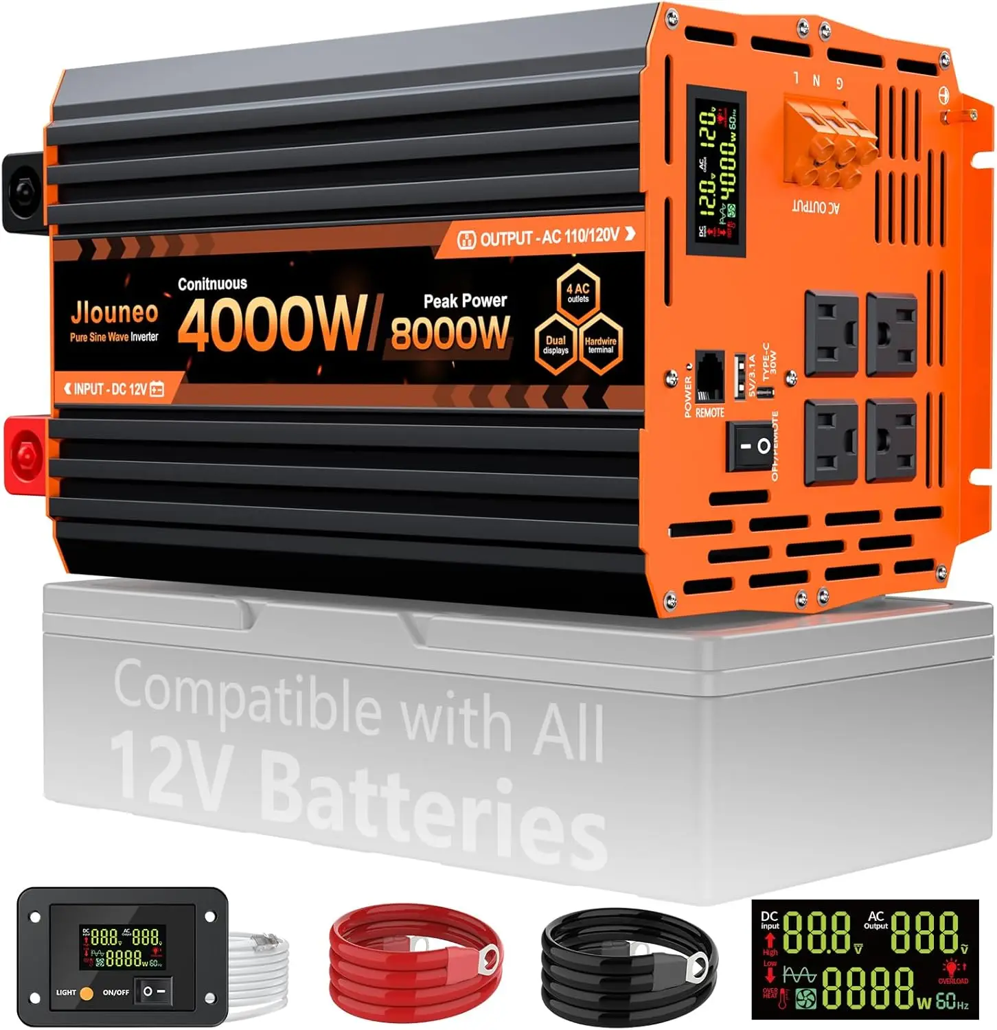 

4000W Pure Sine Wave Inverter 12V Dc To 110V 120V Ac Power Inverter Home Backup Off Grid Solar Rv Truck Ac Outlets Lcd Display R