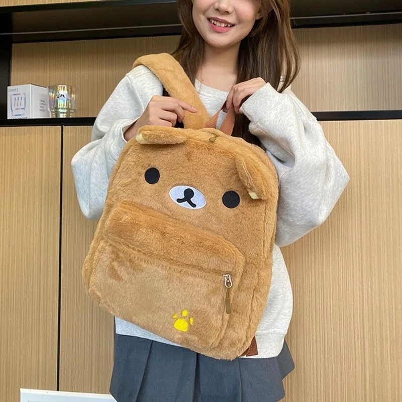 Japanese-style Cute Plush Brown Rilakkuma Backpack New Embroidered Little Bear Adjustable Shoulder Strap Large-capacity Backpack