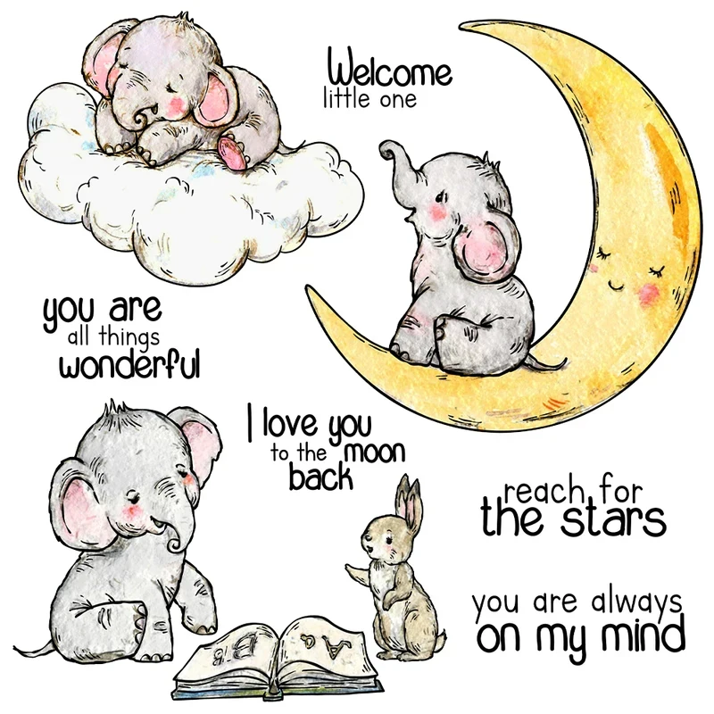 

Cute Sleeping Elephant On Moon Clouds Cutting Dies Clear Stamps DIY Scrapbooking Metal Dies Silicone Stamps For Cards