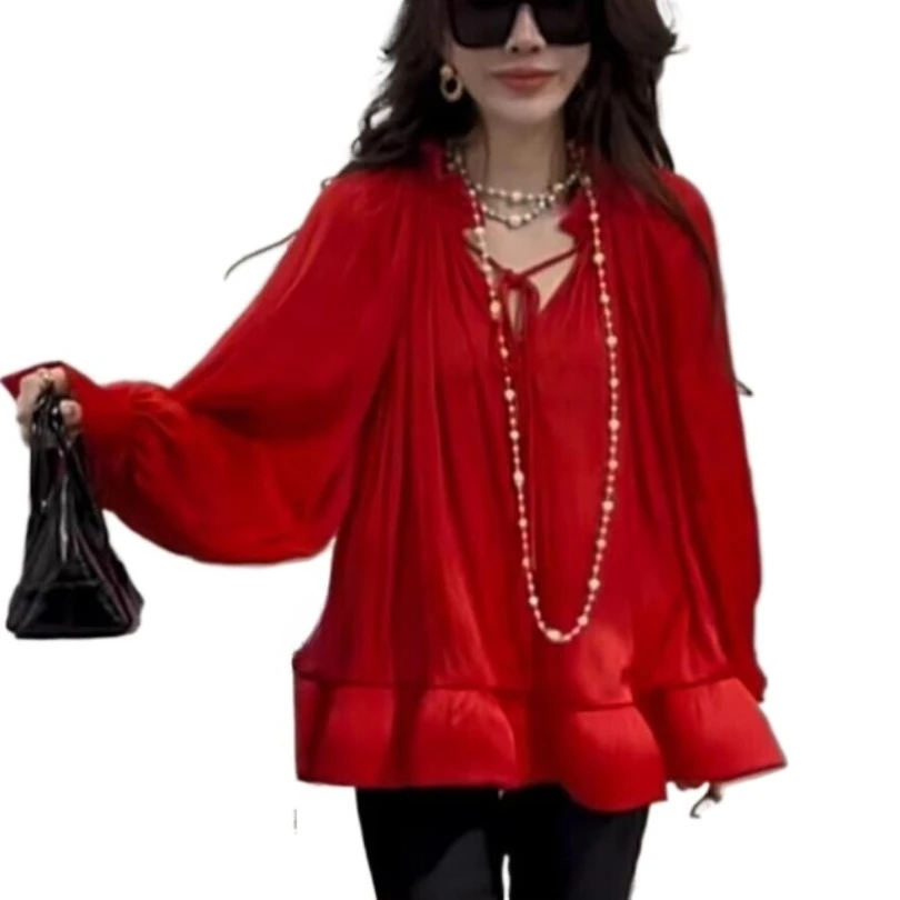 

French Elegant Lantern Sleeve Loose Blouse with Tie Front Ruffle Hem Women Chic Top
