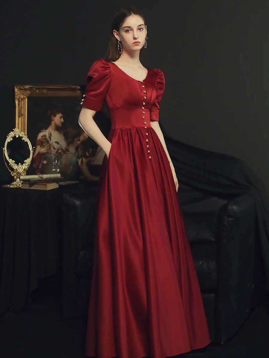 Robe De soirée en Satin rouge vin à manches courtes, tenue De bal longue et Simple, élégante, Vintage, liquidation