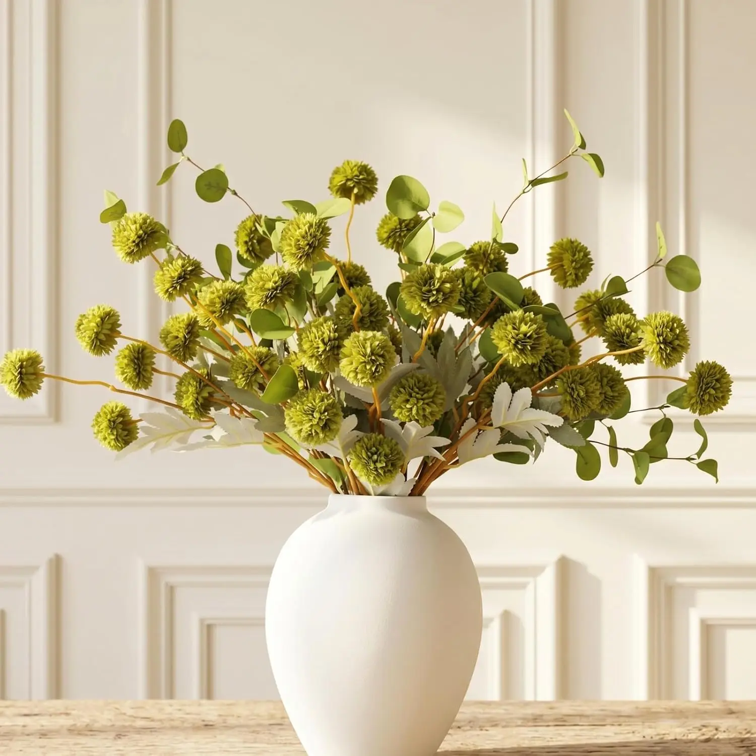 Real Touch Artificial Green Mums Bouquet 10 Long Flower Stems With 2 Eucalyptus Branches, Silk Faux Floral Arrangement For Dining Table Vase Centerpiece Decor