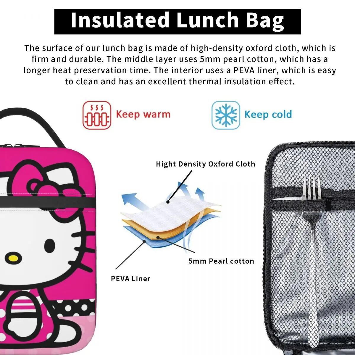 Sac à lunch isotherme chat mignon, sac isotherme, Hello Kitty Boîte à lunch portable, fourre-tout portable, sacs de rangement des aliments, travail en plein air