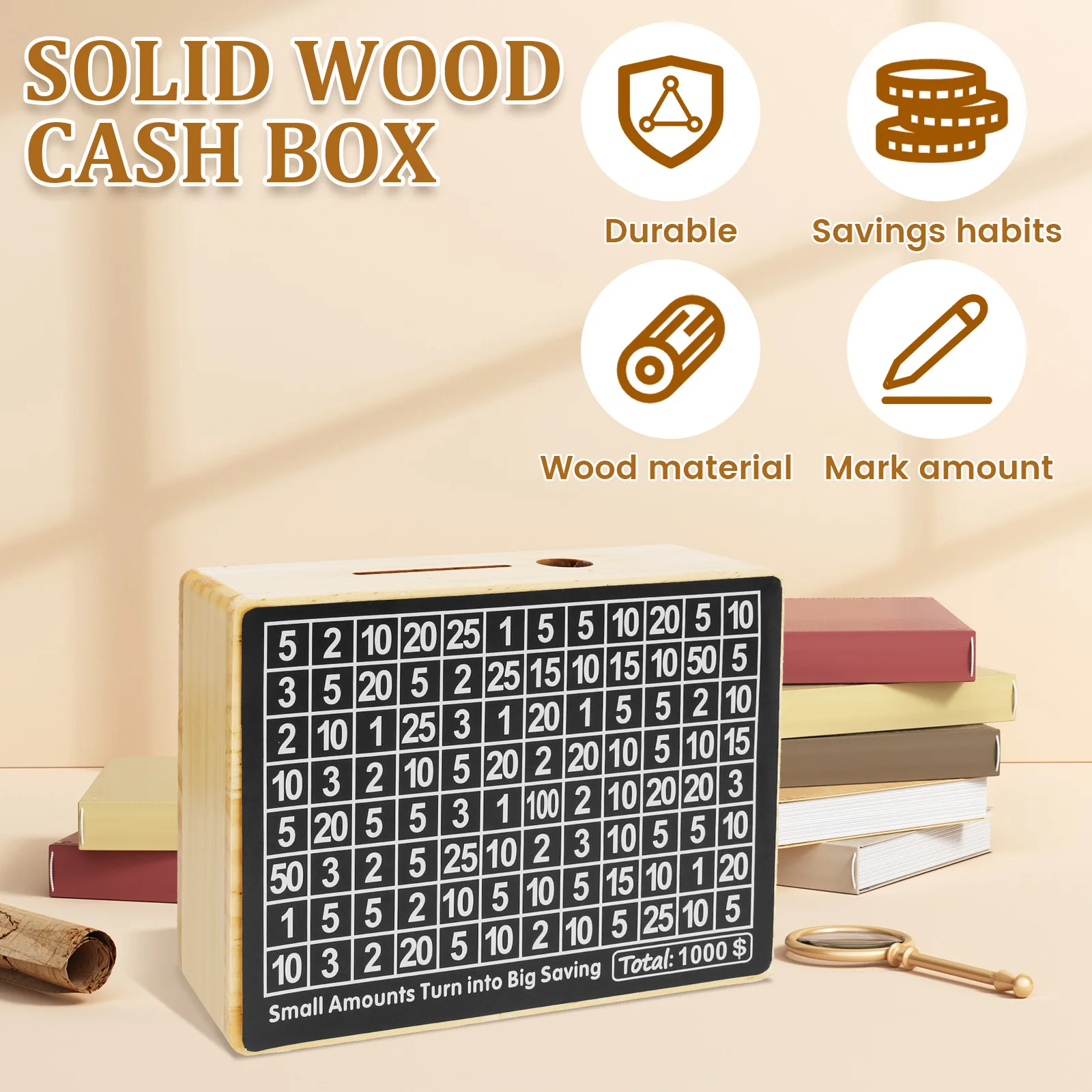 Money Saving Box with Saving Goal and Number Wood Savings Challenge Box Reusable Cash Saving Box Large Capacity Piggy Bank