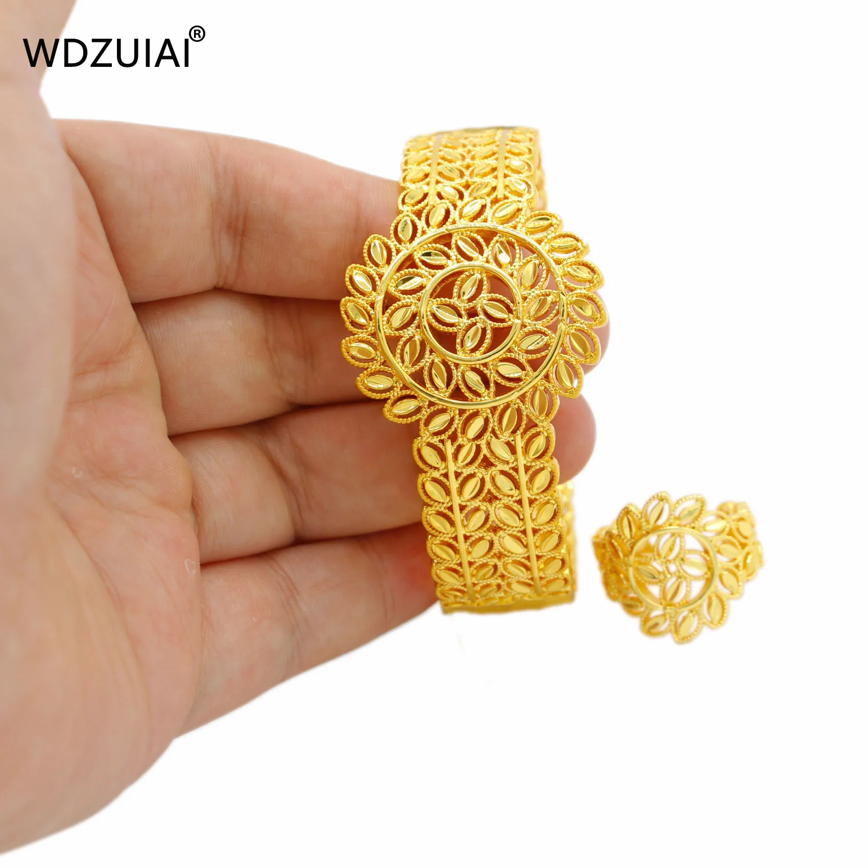 WDZUIAI Luxury Watch Shape Bracelet&Ring Sets Dubai Gold Color Can Open Bangle African Spain Women Bridal Wedding Jewelry Gifts