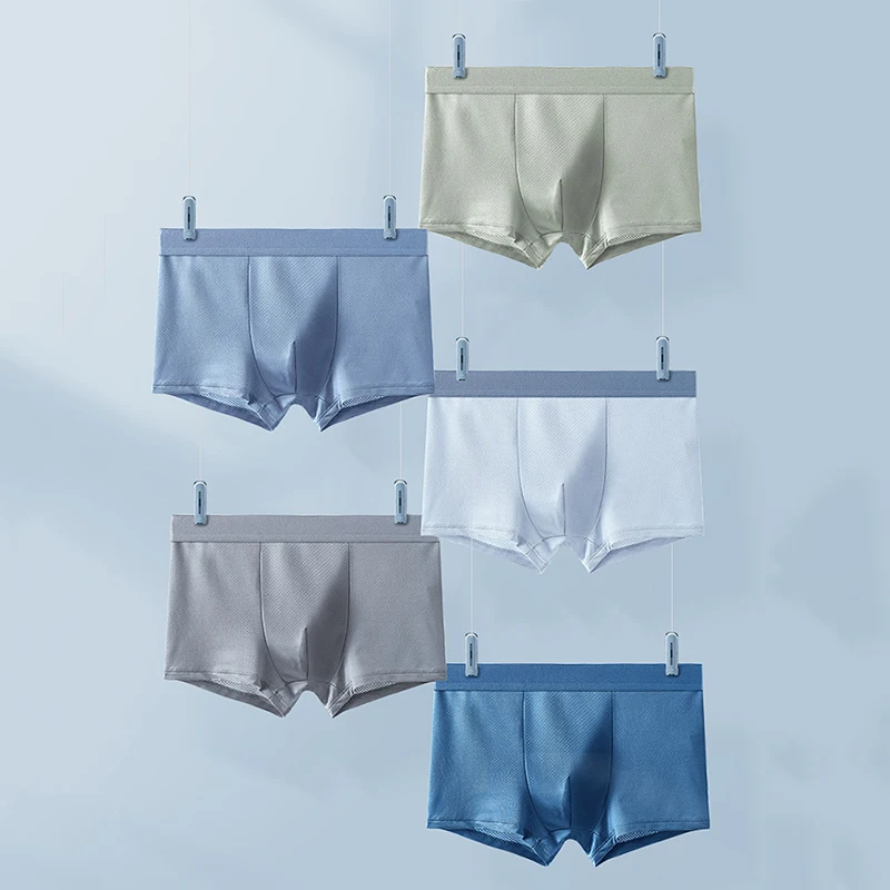 

5PCS/Lots Men Underwear Ice Silk Mesh Breathable Boxer Shorts Seamless Bugle Pouch Boxershorts Trunks Canzoncillo Hombre Panties