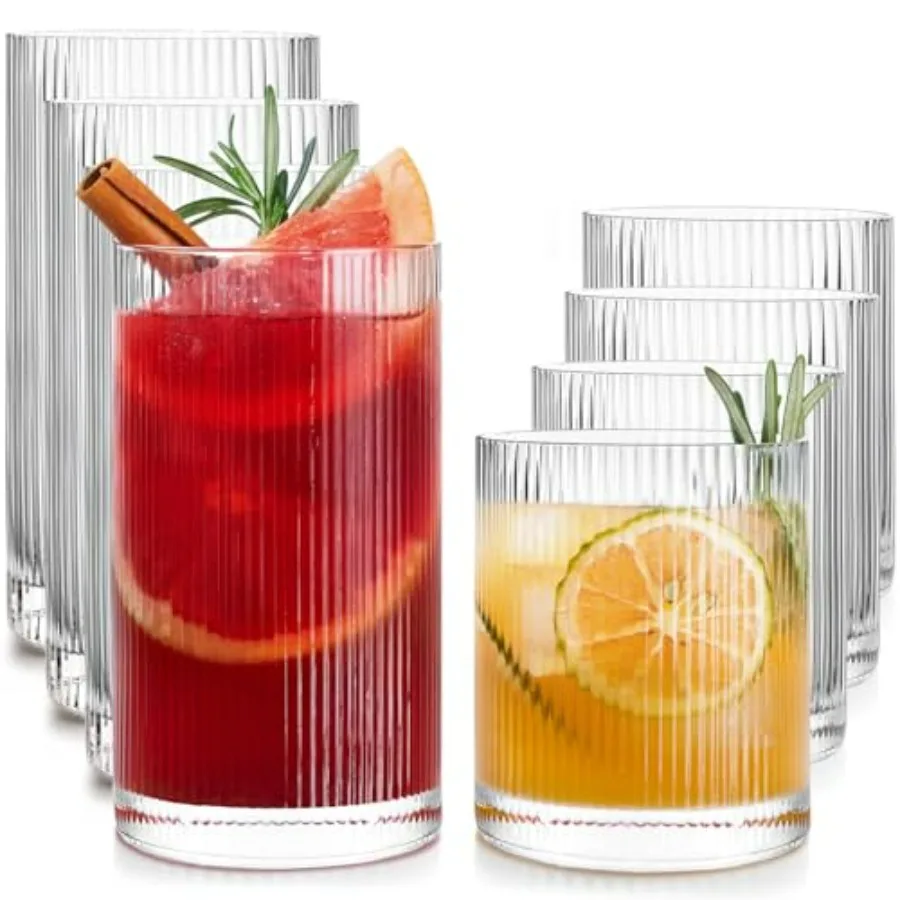 

Water Glasses, Lead-Free Crystal Highball Glass, Tall Glass Cups for Cocktail Parties, ribbed set of 8, 17ozand12oz