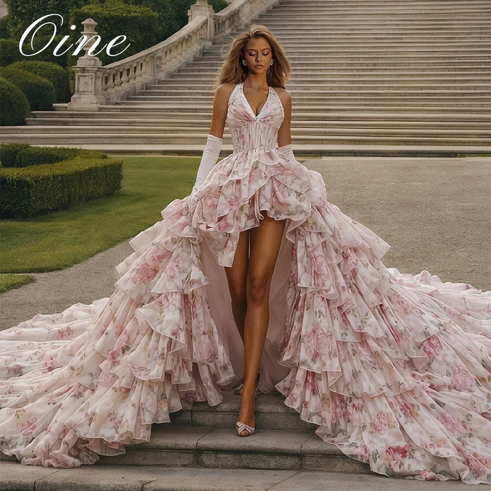 Oine Customized Pink Floral Print Evening Dress Halter Neck Tiered Ruffle High Low Skirt Long Train Formal Party Gown Plus Size