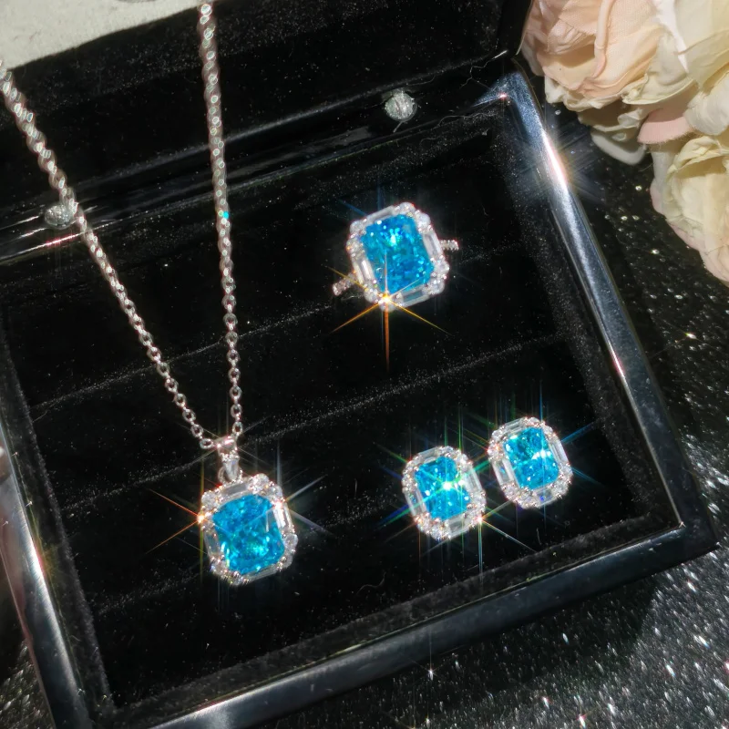 Luxury Bright Sea Blue Zirconium Comparable to Ice Flower Cut Three-Piece Suit Wedding Bridal Banquet High-Grade Jewelry