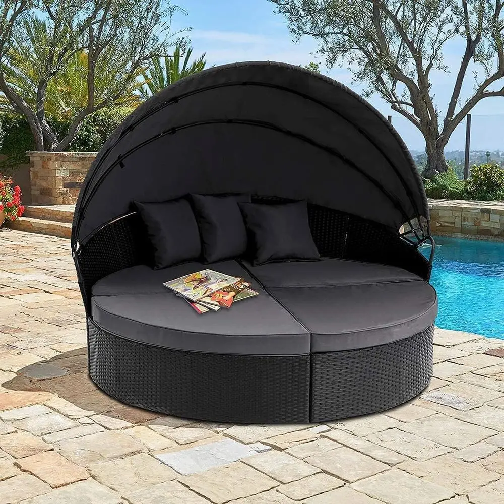 

Round Daybed Sofas Patio Furniture with Canopy, Black Wicker, 4 Pieces Seating Separates Cushioned Seats, for Lawn, Poolside, Ga