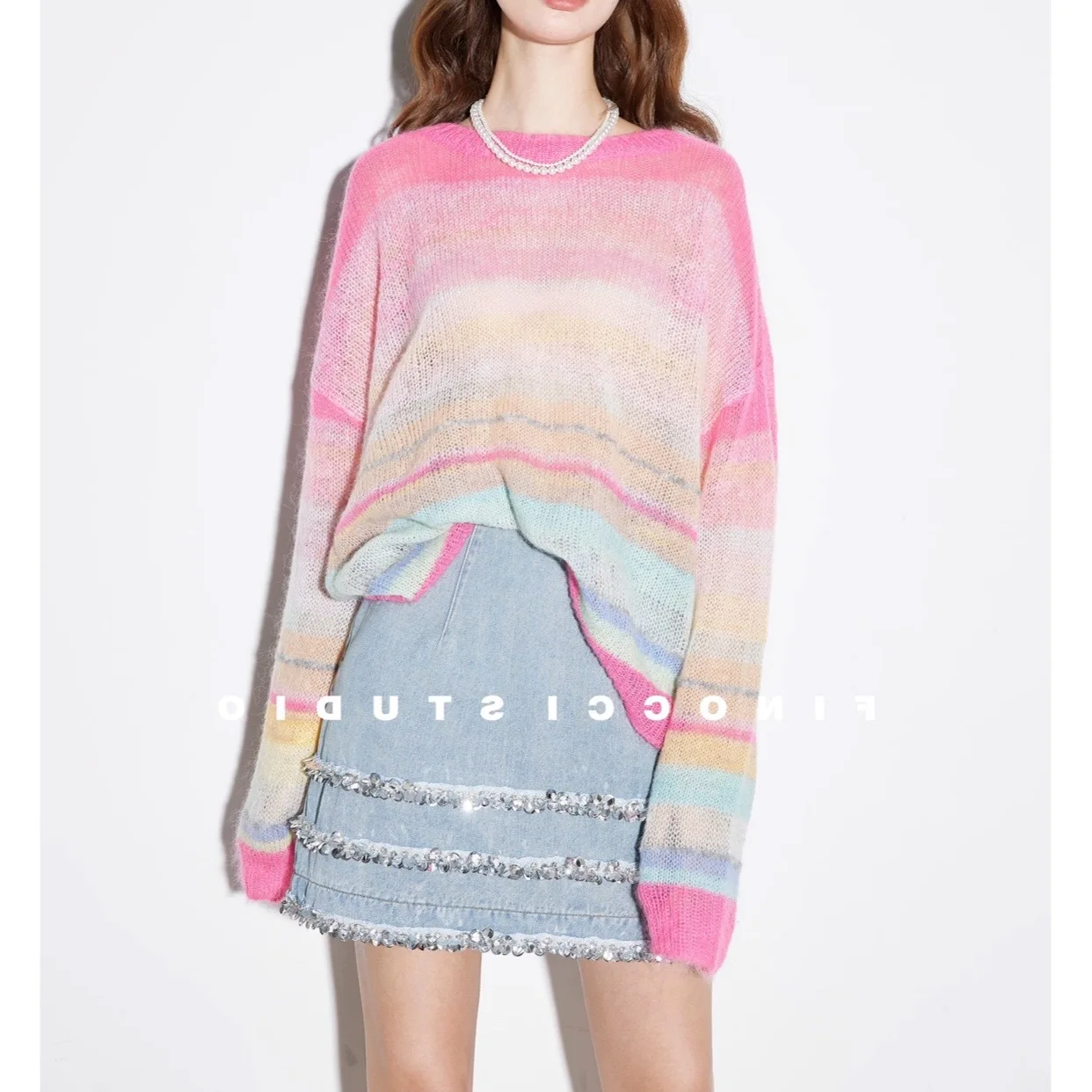

2025 New Women Fashion Pullover Mixed Woven Rainbow Colored Striped Long Sleeve Casual Loose Sweater Lazy Tops For Spring Autumn