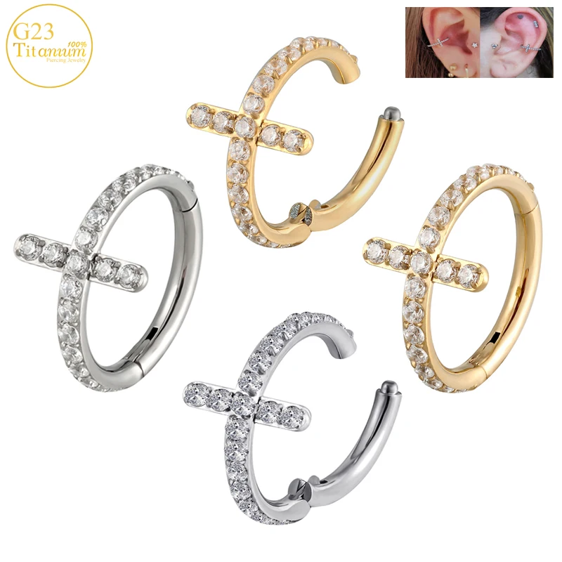 

Zircon The Cross Earrings F136 Titanium Septum Piercing Nose Ring Ear Cartilage Tragus Clicker Rings Helix Piercing Body Jewelry