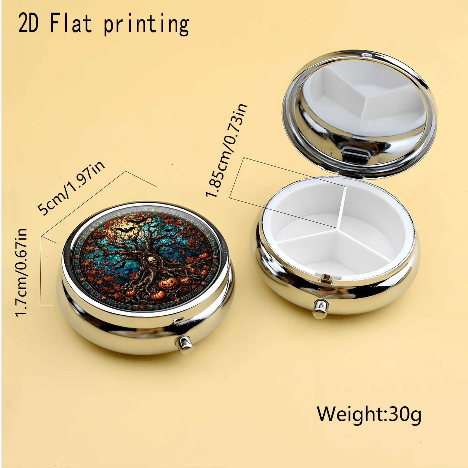 1Pc Round Pill Box with Halloween Ancient Tree Pumpkin Stained Glass Pattern, Halloween Retro Stained Glass Style, Flat Printing, Portable Metal Small Pill Box, High-Value Small Pill Box, Round Portable Pill Box, Mini Metal Jewelry Box, Portable Jewelry Box, Travel Organizer, Vitamin Storage, Suitable for Gifting to Girls, Made of Durable Metal and Plastic
