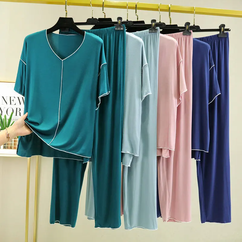 

Fdfklak Modal Leisure Sleepwear Set Solid Color New Sale Women Home Wear 2023 Summer Short Sleeved Nightwear L-3XL Loose
