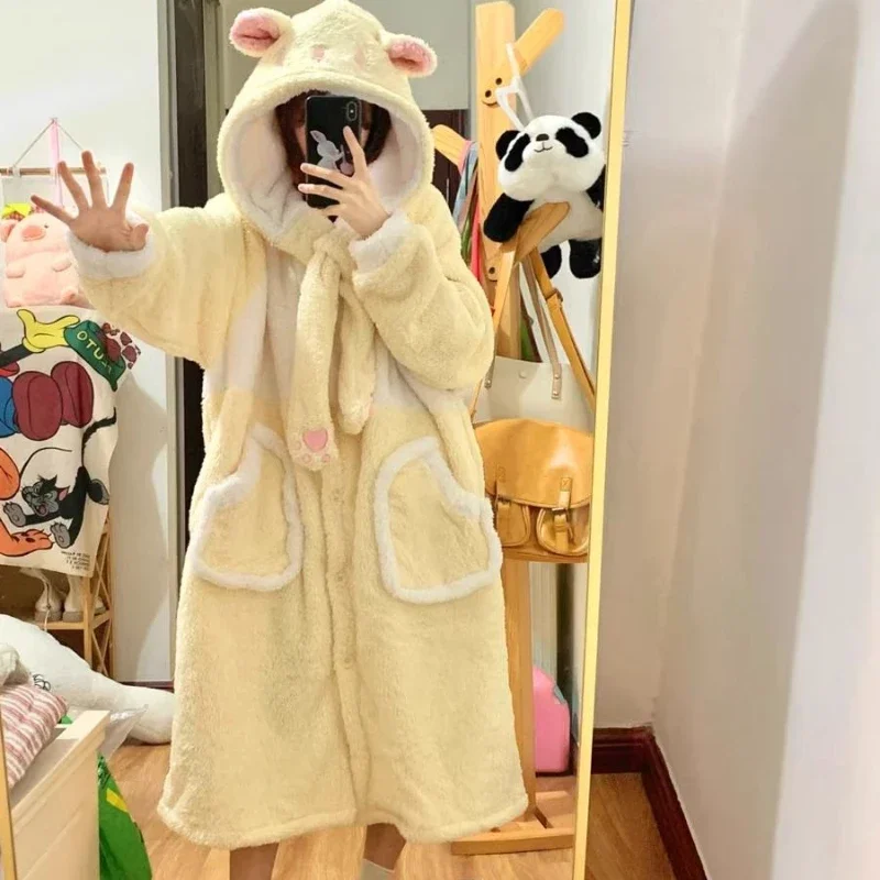 Warm Coral Velvet Pajamas Bathrobe Kawaii Girls Autumn Winter Sleepwear Thicken Soft Plush Hooded Long Homewear Women Loungewear