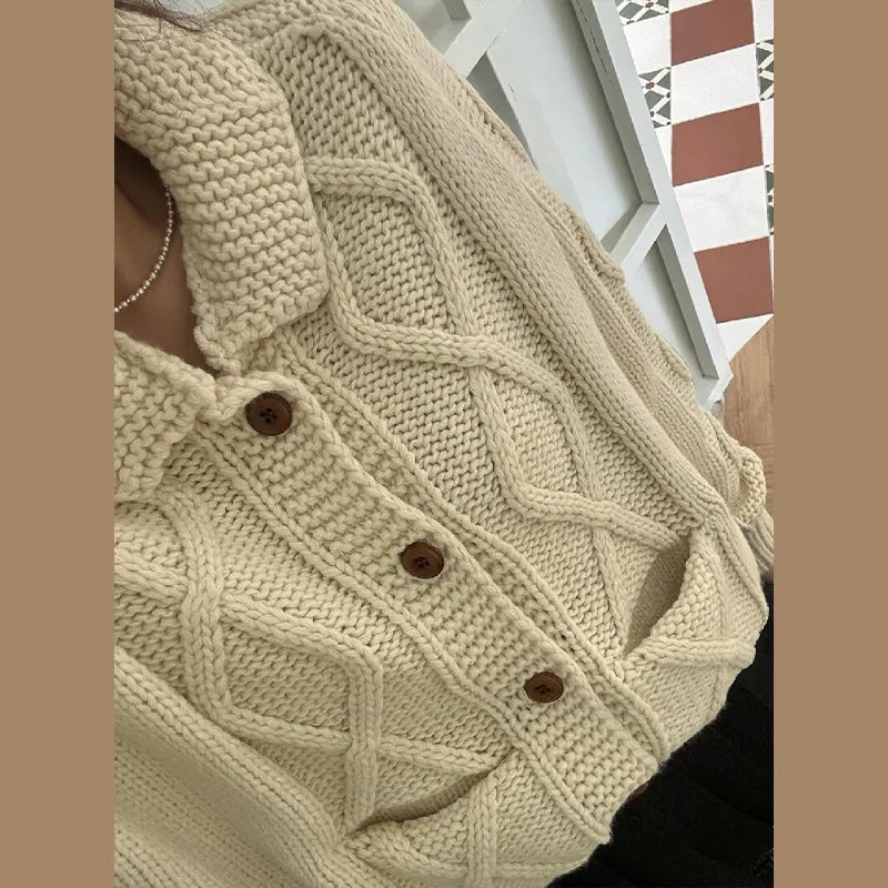 

Trendy Classical Casual Cable Knit Sweater Autumn Winter Simple Thick Warm Botton Cardigan Elegant Loose Office Lapel Streetwear