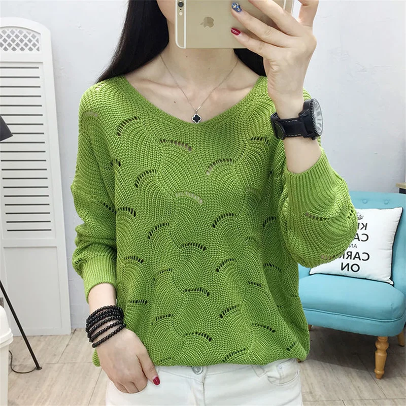 

2025Spring Casual Preppy Style Women Solid All-match Sweater Ladies Korean Pullover V-neck Elegant Hollow Out Sweet Knitting Top