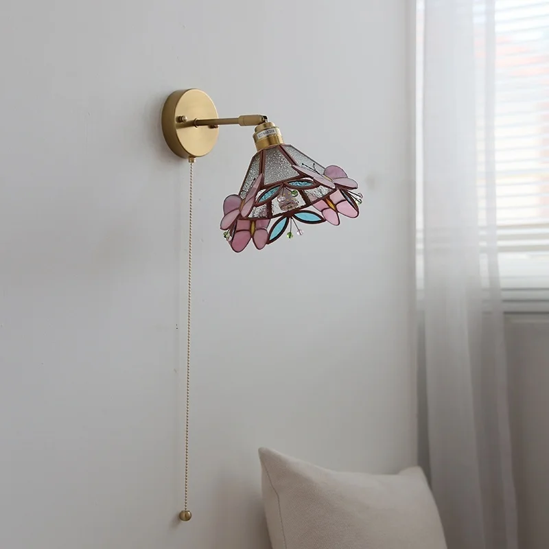 IWHD Up Down Rotate LED Wall Light Fixture Bedroom Living Room Copper Butterfly Glass Nordic Modern Bedside Lamp Applique Murale