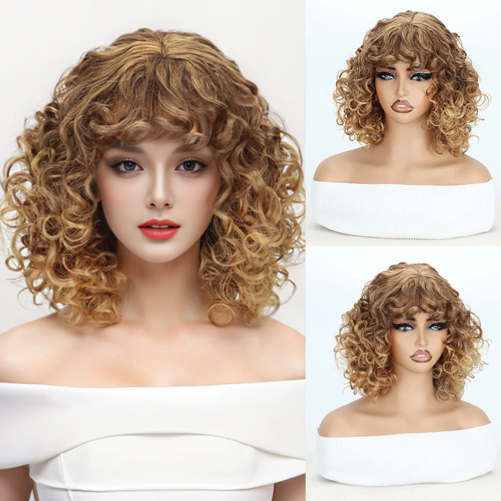 Short Curly Gold Gradient Synthetic Afro Wig With Curly  Bangs Natural Wig Heat Resistant Fiber Cosplay Woman