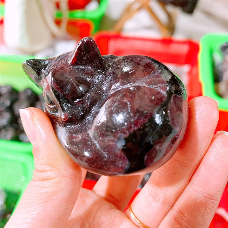 Natural Garnet Sleeping Cat Reiki Home Room Decoration Crystals Quartz Accessories Gemstone Gift 1PCS