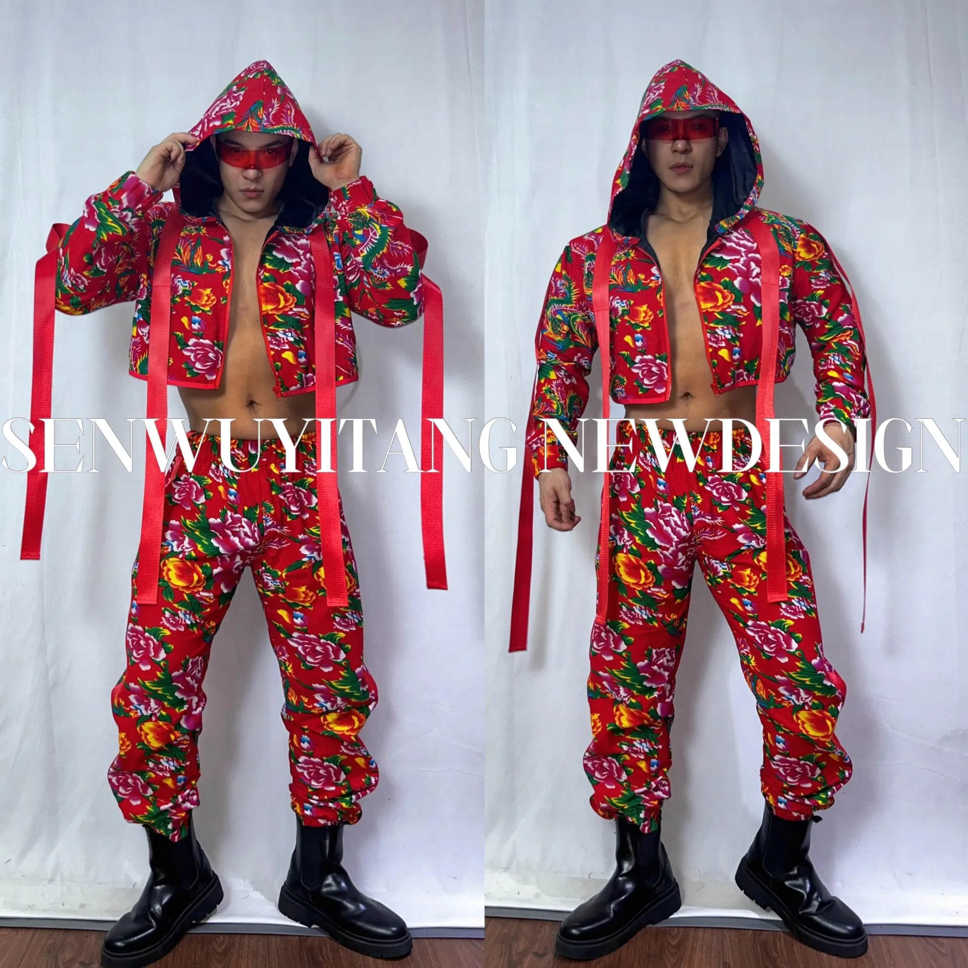 

Singer Hip Hop Jazz Street Dance Costume Exaggerated Flower Print Ethnic Style Bandage Hooded Jacket+Pant Stage Rave Clothing