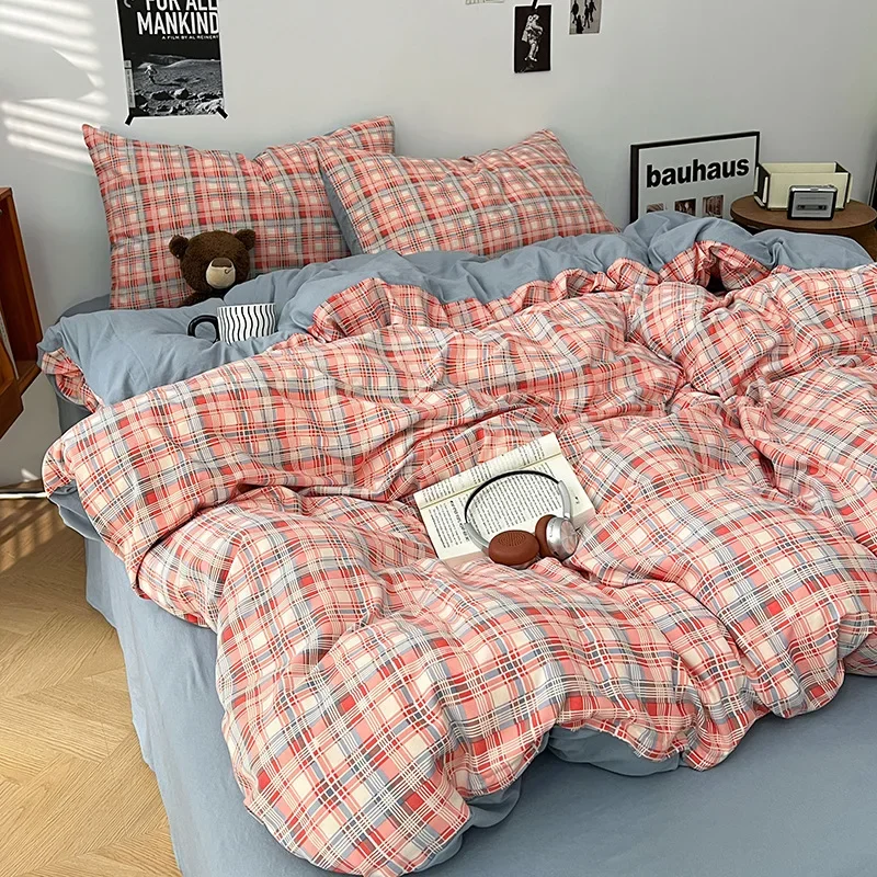 4Pcs Soft Geometric Printing Bedding Set High-Quality Naked Bedclothes for Single Dyed Quilt Cover Fitted Sheet with Pillowcase