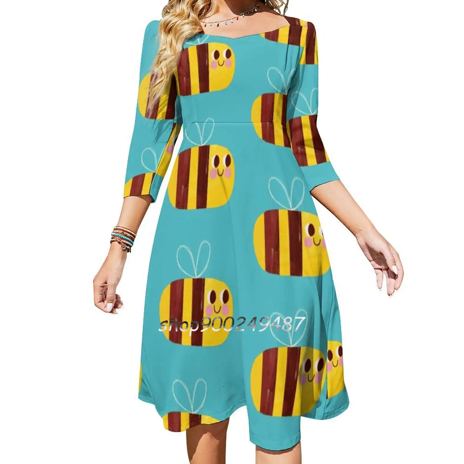 Square Neck Dress New Plus Size Elegant Women Waist Tight Dress Bee Cute Happy Blue Yellow Kids Childrens Nursery