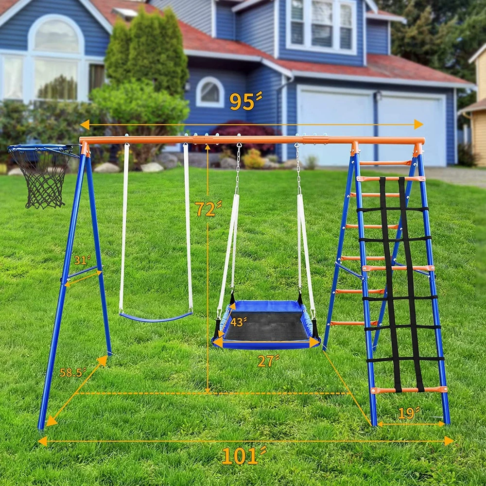 Crianças jardim ao ar livre disco de metal balanço conjunto cinto aro basquete comercial ao ar livre playground balanço com slide e balanço para
