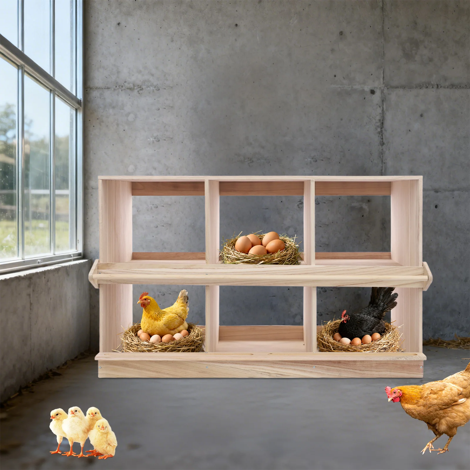 

Chicken Nesting Box 6 Compartment Wooden Laying Hen Nest Box Natural Wood Color Large Capacity for Outdoor Backyard Chicken Coop
