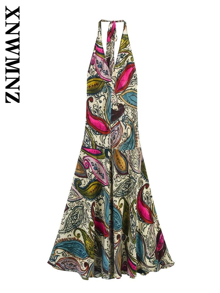 

XNWMNZ 2025 Summer Woman club Party V-Collar Shoulder Backless midi Dress Sexy Fashion Woman's Sleeveless Halter Print Dresses