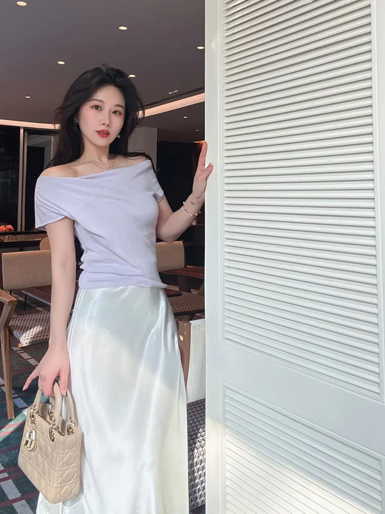 

YANGXIAOJING Silk V-Ne ort Sve Knitted Slim Fit Base irt Women's Faion Spring Summer New Thin Sle Crew Ne Top