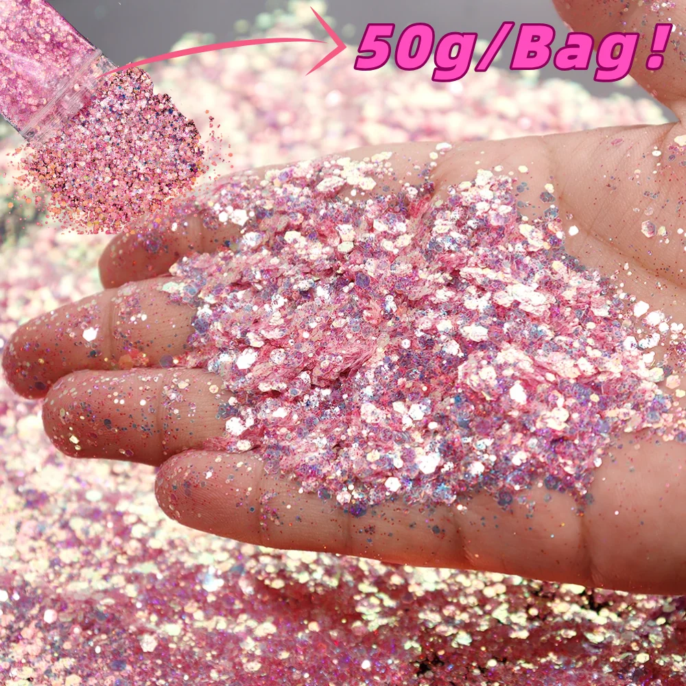 1Bag/50g Pink Chunky Nail Glitter Sequins Mixed Sparkly Hexagon Nail Art Fragments Pigment For DIY Manicure/Makeup Glitter Decor