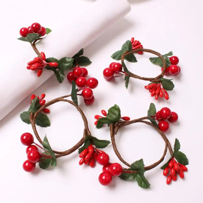 2024 New DIY Handmade Berry Wreath Napkin Ring Red Fruit Napkin Buckle Christmas Napkin Ring 6pcs