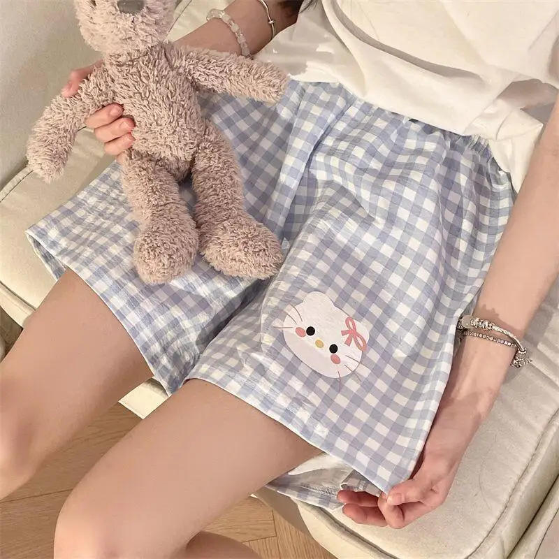 

Летние женские хлопковые пижамные шорты Sanrio Hello Kitty для дома и отдыха, повседневная одежда с милым мультяшным дизайном, свободный крой, для улицы
