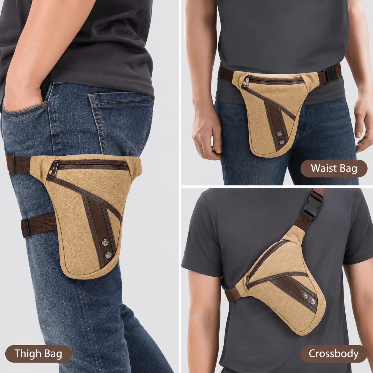Men Canvas Drop Leg Bag Motorcycle Thigh Waist Pack Vintage Belt Pouch Outdoor Hiking Cycling Multi Pocket Adjustable Strap