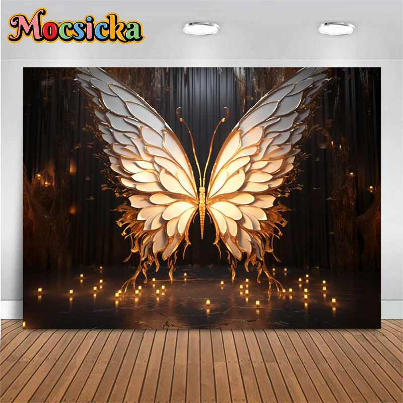 Golden Butterfly Backdrop Photography Adult Baby Shower Girl Birthday Background Decor Family Photo Studio Giant Wings Backdrops