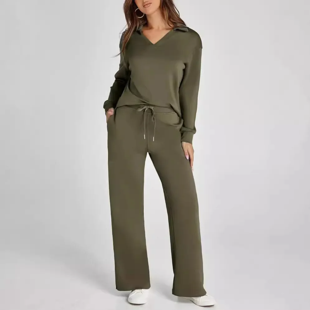 2-teiliges Damen-Set 2026: Locker sitzendes V-Ausschnitt-Langarmshirt + figurbetonte Schlaghose mit Kordelzug – Zweiteiler-Kleidungsset