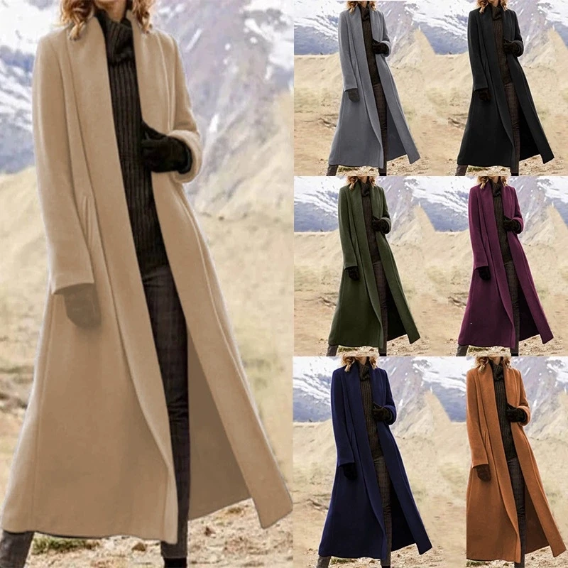 Plus Size Extra Long Woolen Coat Women, Loose Casual Wool Blend Trench Outerwear