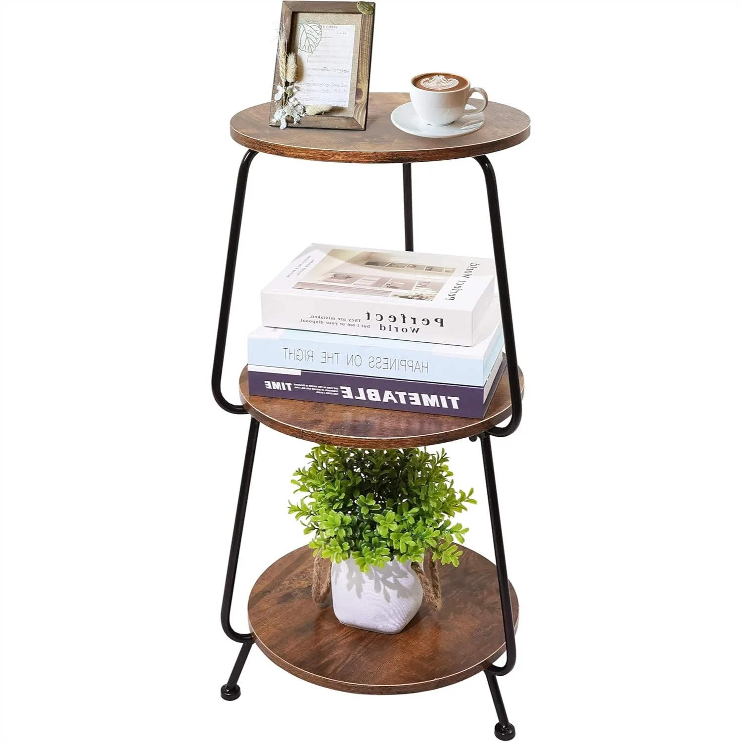 

Круглый приставной столик с полкой для хранения, 3-уровневый компактный столик для гостиной, спальни, небольших помещений, винтажный дизайн в деревенском стиле, коричневый цвет.