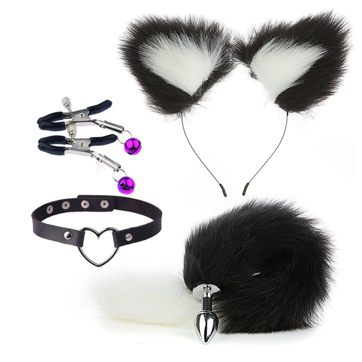 4Pcs/Set Fox Tail Butt Plugs Women Anal Sex Toys Nipple Clamps Necklace Plush Cat Ear Headband Set Sex Toys for Couples Cosplay