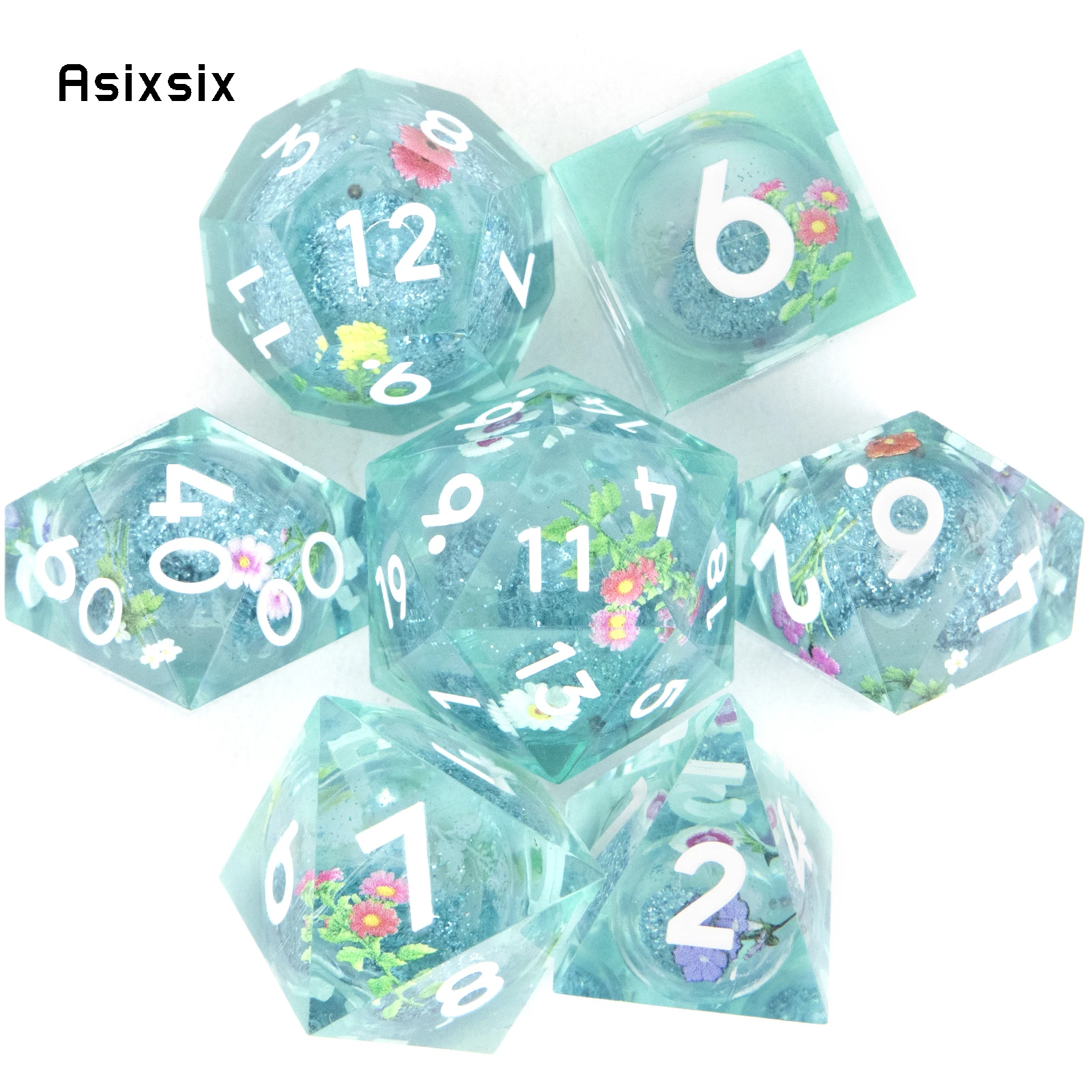 

7 Pcs Blue Flowing Sand White Number Sharp Edge Resin Dice Polyhedral Dice Suitable for Role-Playing RPG Board Game