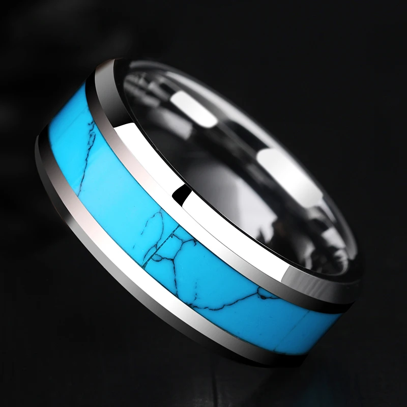 Bohemia 6mm/8mm Width Tungsten Personalized Names Ring for Couples High Polished inlay Turquoise Stone Free Engraving Size 5-14