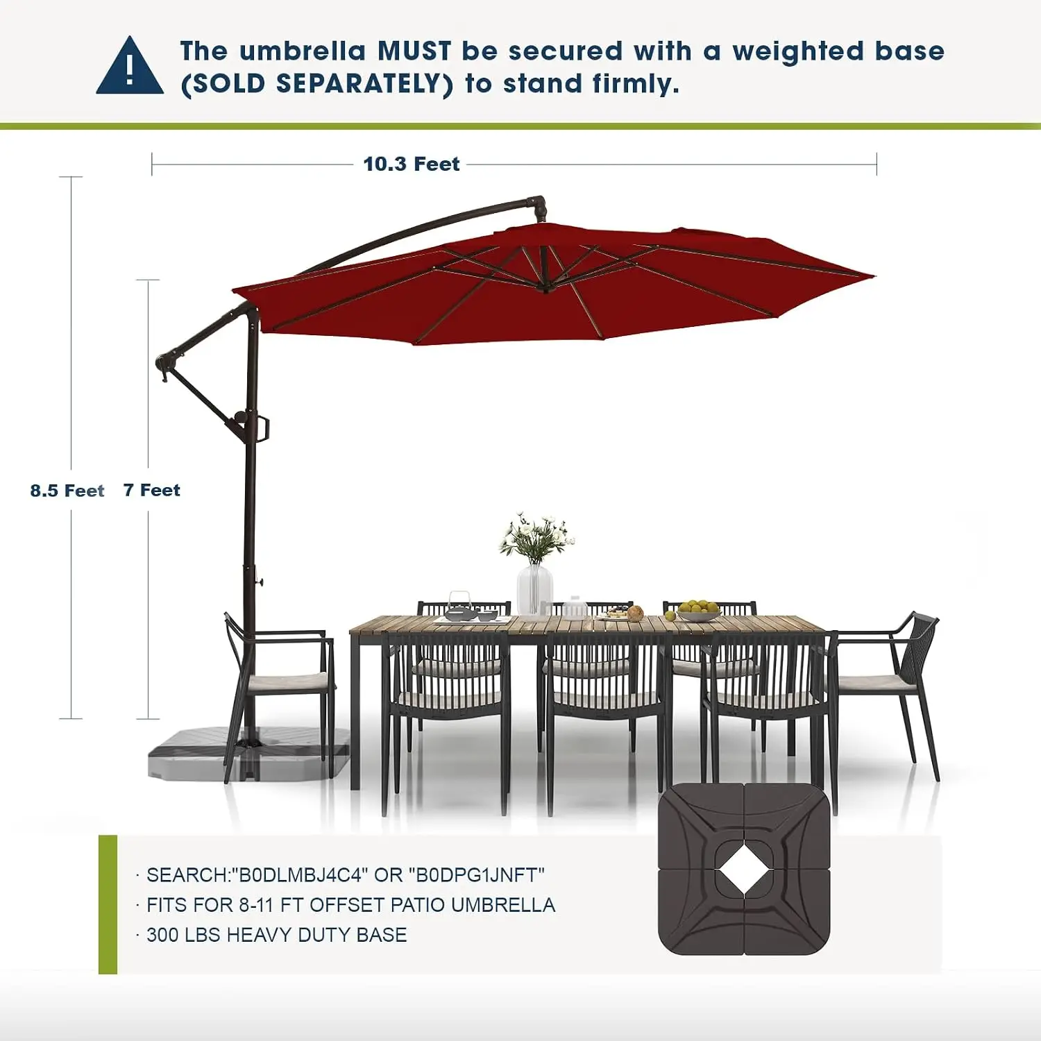 10ft Patio Umbrellas Offset Outdoor Cantilever Hanging Umbrella, Fade Resistant Waterproof Recycled Fabric Canopy for Yard, Garden & Deck, Burgundy Red